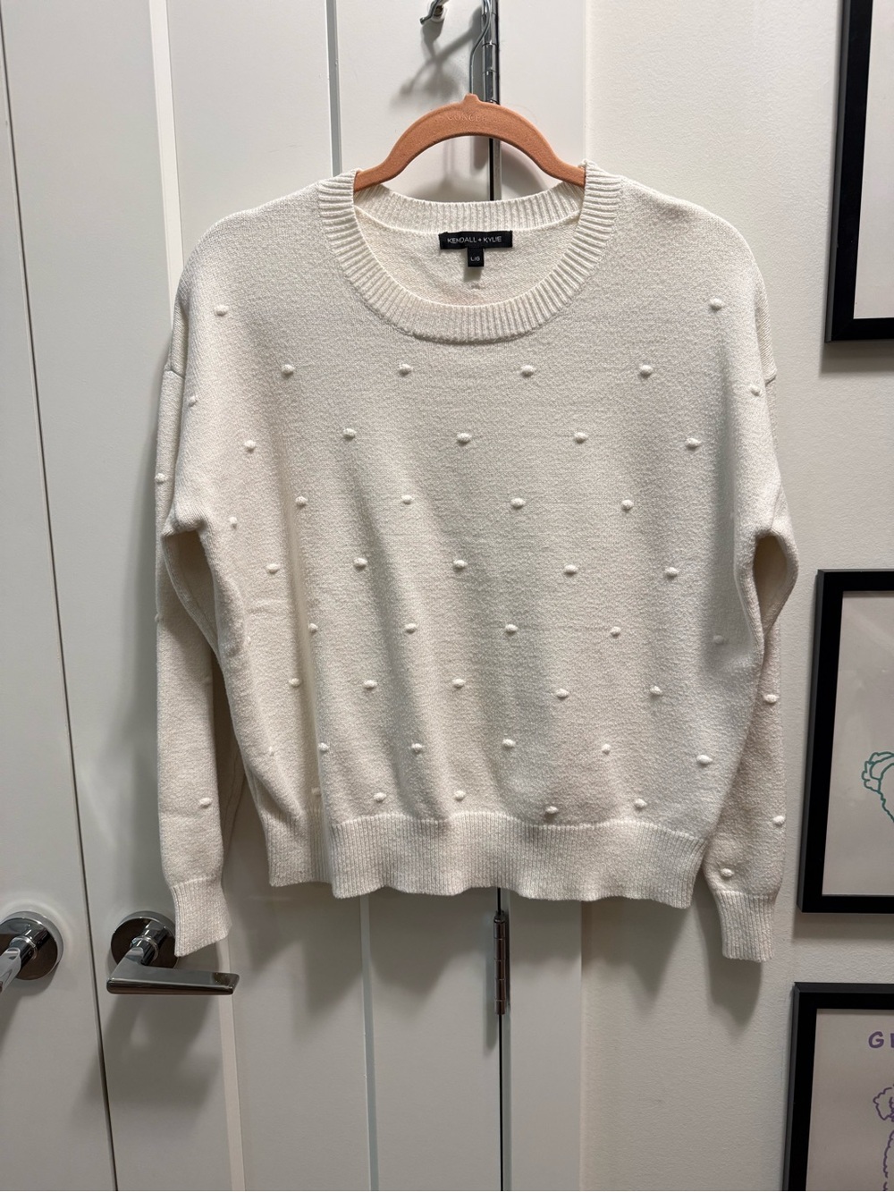 Kendall & Kylie Off-White Pom-Pom Crewneck Sweater